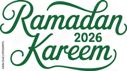 Green Ramadan Kareem 2026 calligraphy text isolated on white background for Islamic holy month celebration greetings and religious social media,
