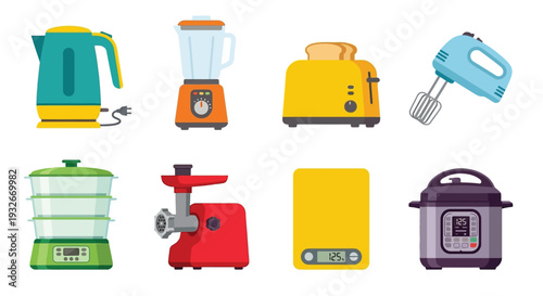 Colorful kitchen appliances arranged in a flat vector illustration style