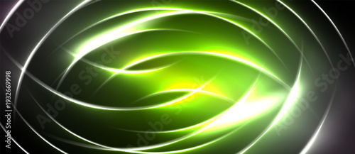 Bright green energy swirls, concentric circles radiate. Dark background emphasizes luminous lines, creating dynamic visual effect.