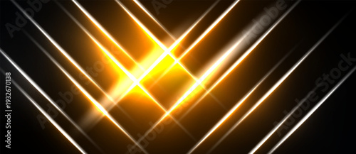 Abstract geometric lines converge toward bright central glow. Golden hues dominate dark background, creating dynamic visual effect.