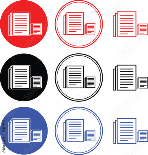 Document and paper stack icons in circular frames with line art style for business and office filing
