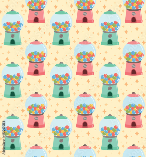Seamless pattern with colorful gumball machines. Cute background with candy shop objects