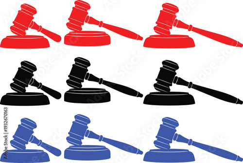 Auction gavel and sound block symbols in red black and blue colors set of legal justice hammer icon