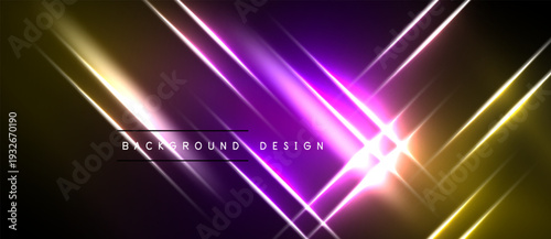 Abstract neon lights create dynamic background. Vivid purple, gold hues intersect, forming bright geometric shapes. Modern design element.