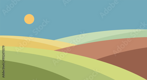 Rolling hills in minimalist style with bright sunny day in flat design for landscape background