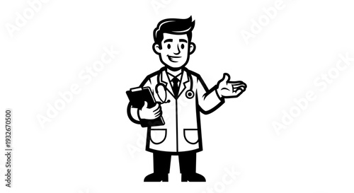 Cartoon Doctor Holding Clipboard and Gesturing 1.
