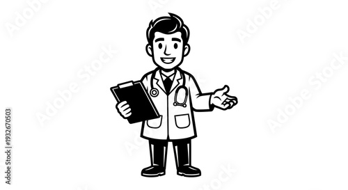Cartoon Doctor Holding Clipboard and Gesturing.