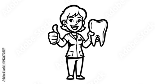 Cartoon Dentist Holding Tooth and Thumbs Up.