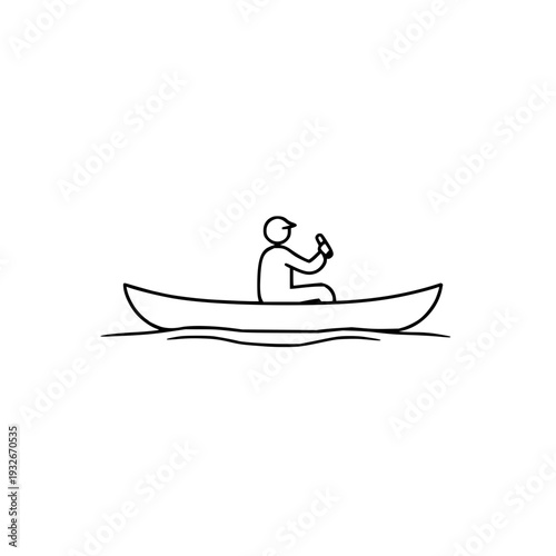 Minimalist pictogram of a person in a canoe with a paddle, water recreation symbol, heavy bold lines, white background for iconography