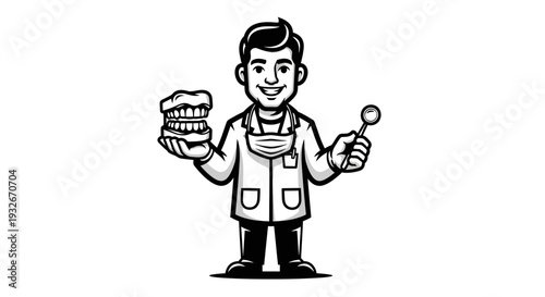 Dentist holding dental model and mirror.