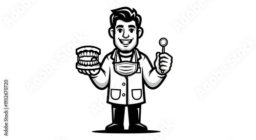 Dentist holding dental mirror and teeth.