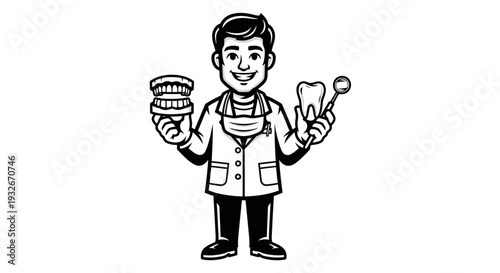 Dentist holding tooth and dental mirror.