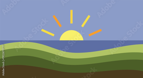 Sunrise over rolling hills in serene landscape with bright warm lighting on flat design for environmental awareness