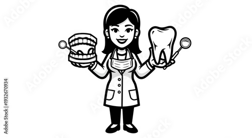 Female Dentist Holding Tooth and Tools.