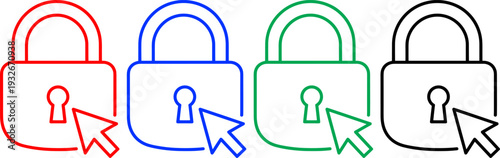 Four colorful padlock icons with cursor pointer on transparent background security and access concept