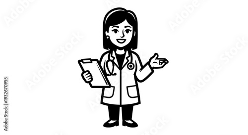 Female Doctor Cartoon Character Holding Clipboard.