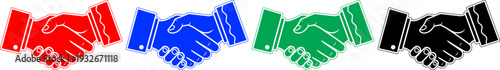 Handshake business partnership icons in red blue green and black colors for agreement and teamwork