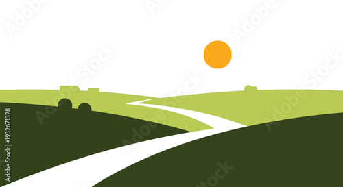 Winding road in serene landscape with vibrant green hills and orange sun in soft warm lighting for travel brochure