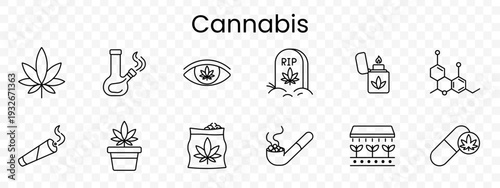 Cannabis set icon. Outline marijuana elements, leaf, bong, eye symbol, tombstone RIP, lighter, chemical formula, joint, potted plant, product bag, pipe, greenhouse, capsule.