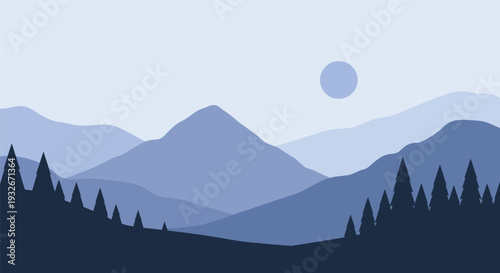 Mountain landscape with trees in minimalist style under full moon in soft blue gradient for outdoor adventure