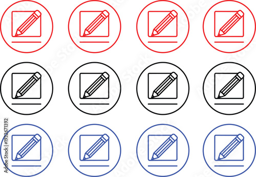 Pencil writing on paper icons in circles for editing note taking and document creation in various colors