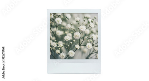 Retro polaroid photo frame filled with delicate white baby's breath flowers, creating a soft, vintage aesthetic on a transparent background.