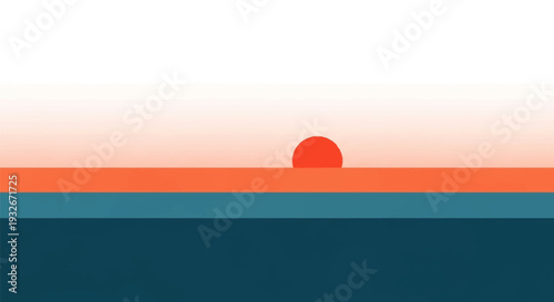Sunset over ocean in serene minimalist style with warm orange lighting on digital illustration for travel advertising