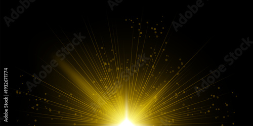 Abstract light burst White radiant center emitting numerous thin rays outward across black background, scattered circular particles, soft glow gradient, dramatic illumination, dynamic explosion effect