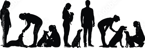 Black Silhouettes of People Interacting with Dogs in Various Poses Keywords: silhouette, people, dogs, interaction, playing