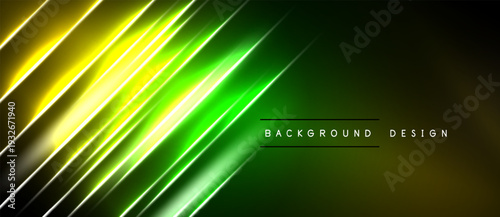 Abstract neon lines create dynamic gradient effect. Vivid yellow, green hues dominate dark background. Modern design element.