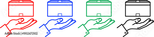 Human hand holding box icon set in colorful outline style for delivery logistics and package service