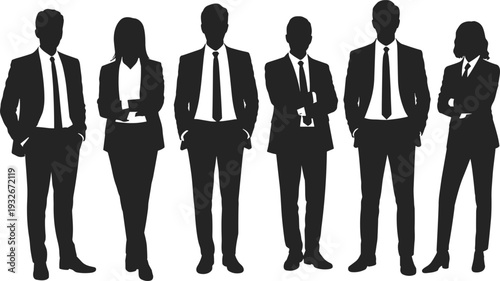 Diverse group of business professionals standing in silhouette on white background people