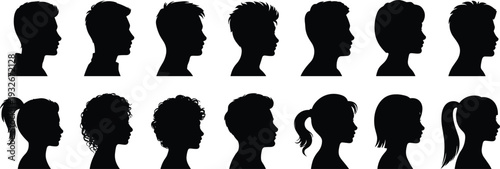 Collection of diverse male and female head silhouettes in profile on white background faces people