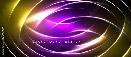 Abstract design features vibrant glowing lines, yellow, purple hues. Dark background enhances luminosity, creating dynamic visual effect.