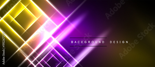 Abstract geometric design. Vibrant yellow, purple light streaks intersect. Modern digital illustration, dark background creates contrast.