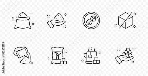 Sugar set icon. Sack, hand portion, restriction sign, cube ban, spilled sweetener, packet, hot drink, serving, diet control