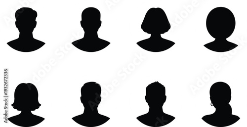 Eight Diverse Black Silhouette Head and Shoulder Profiles on White Background Keywords: silhouette, head, profile, person, male