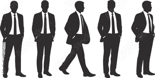 Five Male Business Silhouettes Standing and Walking on White Background businessman