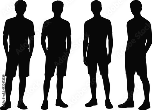 Four men in casual attire standing in silhouette on white background vector illustration