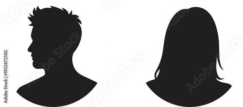 Male and Female Head Silhouettes in Circles on White Background profile woman