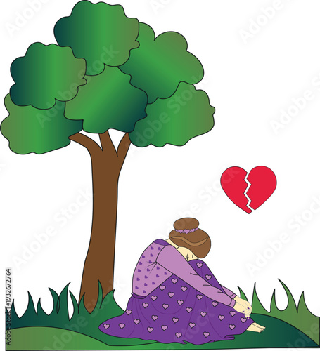 Depressed Girl Crying Under a Tree with Floating Broken Heart Symbol.