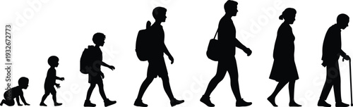 Silhouettes of human life stages from baby to elderly person walking evolution development