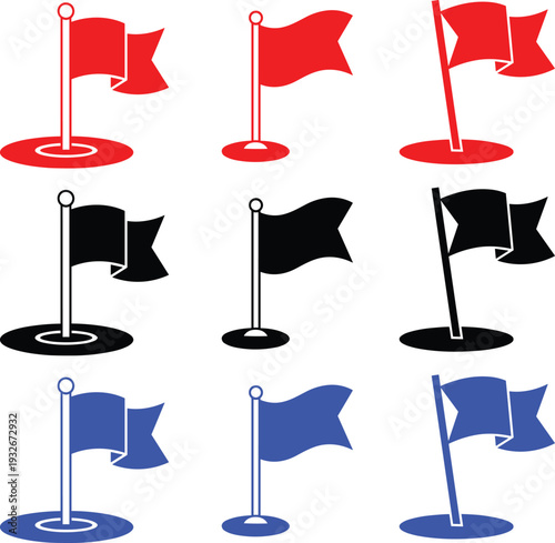 Collection of nine flag icons in red black and blue on transparent background vector
