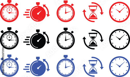 collection of stopwatch, timer, and clock icons in red, black, and blue colors