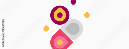 Abstract shapes, circles, magenta, gray, yellow. Minimalist design, simple forms, clean aesthetic, modern illustration.