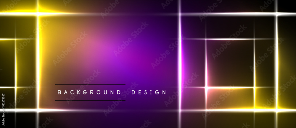 Fototapeta premium Abstract neon lights create vibrant rectangular patterns. Gradient purple, orange, yellow illuminate dark background. Modern design element.
