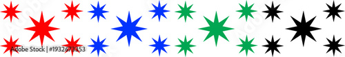 Sparkle star shape icons in different sizes and colors red blue green black on transparent background