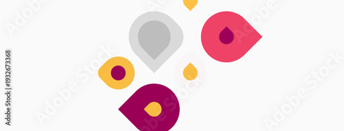 Abstract colorful drops scattered across white background. Simple shapes, modern design, vibrant hues present. Minimalist aesthetic.