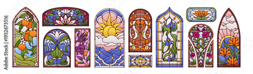 Stained glass set. Mosaic panel windows with abstract floral and geometric patterns. Church arch paintings. Ancient cathedral religious catholic art, pane texture. Flat vector illustration