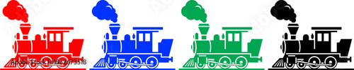 Vintage steam locomotive train icon set in red blue green black colors over transparent background